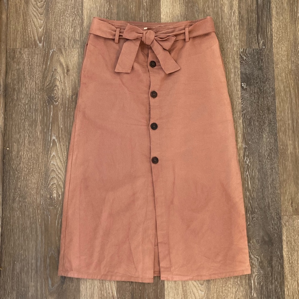 Listicle Pink Button-Up Midi Skirt with Bow - Size Medium